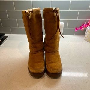 Ugg Shoes Chestnut Leather Suede & Brown Fur Lined Tall Winter size 5